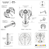 Bijou de piercing corporel TT Jewelry en titane ASTM F136 G23, croix gothique aile de chauve-souris, labret à filetage interne pour cartilage, tragus, hélix