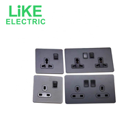 Saklar tuas tombol hitam retro Inggris, dua bukaan kontrol tunggal saklar dinding panel logam soket UK seperti listrik