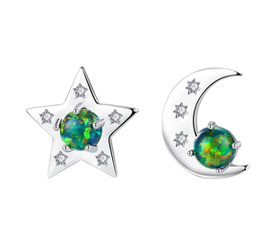 S925 Sterling Silver <b>Opal</b> Stud <b>Earrings</b> Round Shape with Diamond Accents Cute Women's Jewelry for Everyday Wear Wedding Gift - Product Image 1