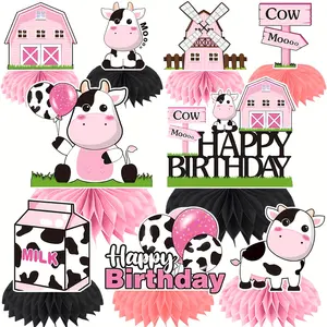 Centros de mesa de panal con estampado de vaca rosa de 9 piezas, perfectos para fiestas de cumpleaños con temática de animales de granja y celebraciones de zoológico
