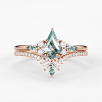 Ensemble de bagues de fiançailles en argent sterling 925 plaqué or rose avec agate mousse taille cerf-volant et bagues en agate mousse taille marquise
