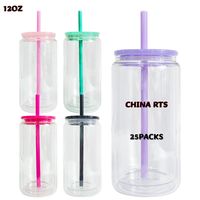 New China WarehouseRTS Lot de 25 boîtes en verre boule à neige de 12oz avec couvercles en plastique coloré et bidon en verre à double paroi en paille pour sublimation
