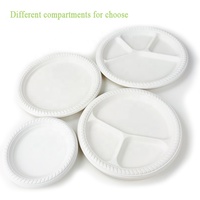 Assiettes jetables biodégradables en amidon de maïs compostables, emballées sous film rétractable de différentes tailles