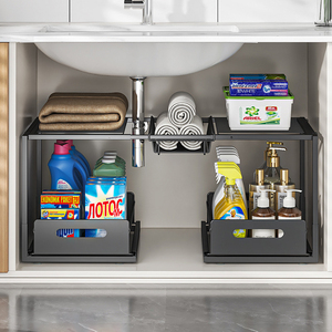 <span class=keywords><strong>Organisateur</strong></span> d'armoire <span class=keywords><strong>sous</strong></span> évier extensible 3-en-1 avec tiroir, accessoires de rangement coulissants pour cuisine et garde-manger - Product Image 6