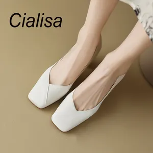 Cialisa简洁象牙白真皮礼服派对婚礼新娘6厘米块高跟鞋舒适鞋女