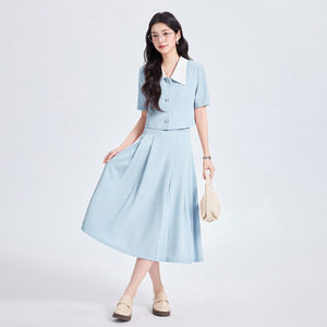 Women's Short Sleeve Blazer Suit Set Solid Color Crepe Summer Casual Skirt Two Piece Elegant Style - Product Image 2