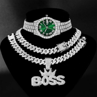 Set Perhiasan Hip Hop Jam Tangan+Kalung+Gelang+Liontin Rantai Kuba untuk Pria, Jam Tangan Mewah Bertabur Kristal untuk Pria