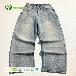 Custom Men's Full-High Baggy Straight Oversized Jeans Vintage Distressed Washed Recycled Denim <b>Fabric</b> <b>Rhinestones</b> for Winter - Product Image 1