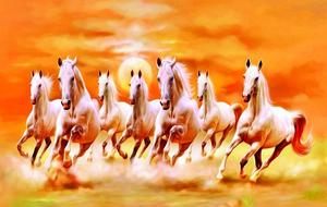 7 chevaux blancs courant sur l'eau, toile artistique coucher de soleil, peinture réaliste de paysage animalier, décoration intérieure - Product Image 1