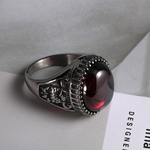 European American Style Men's <b>Ring</b> Oval Gemstone <b>Titanium</b> Steel Vintage Floral Inlay Bezel Setting Thumb Jewelry Gift - Product Image 3