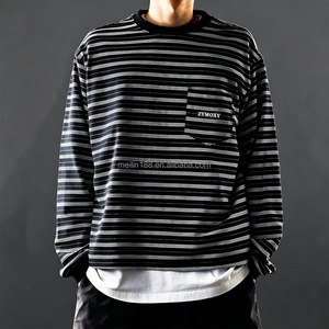 เสื้อเชิ้ตลายทางแขนยาวคอกลมผ้าฝ้ายแท้100% สำหรับผู้ชายสไตล์โอเวอร์ไซส์พิมพ์ลายเรียบง่ายดีไซน์คุณภาพสูงแขนยาว - Product Image 1