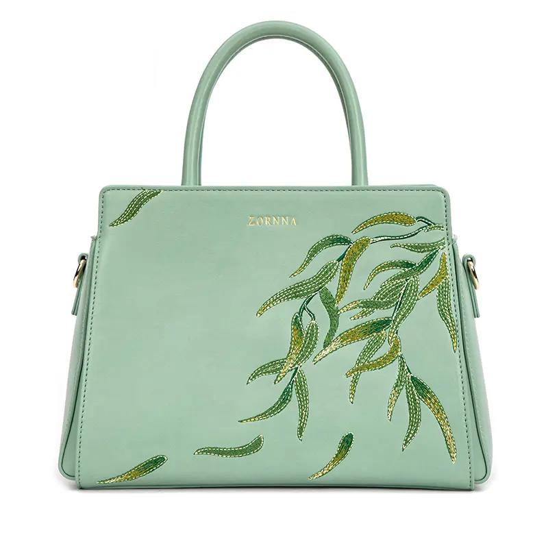 China Style Embroider Green Leaf Fashion Shoulder Ladies Hand Leather Bags Women's Shoulder Bags