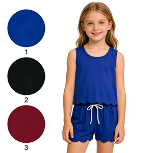 Conjunto de Ropa Infantil de Verano, 2 Piezas, Camiseta sin Mangas de Color Sólido y Pantalones Cortos con Borde Festoneado, Estilo Casual, para Hermanas - Product Image 1