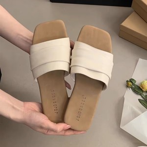 Women's Flat Slide Sandals Korean Chic Ruched Soft Leather Flat Slide Sandals Square Toe Casual <b>Summer</b> <b>Slippers</b> - Product Image 3