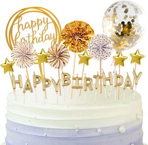 Juego de Velas de Cumpleaños, Decoración para Pastel con Velas, Confeti, Globos, Estrellas y Adornos de Abanico para Fiesta de Cumpleaños (Dorado) - Product Image 1