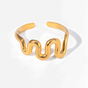 Women's Wave Pattern <b>Open</b> <b>Ring</b> 18k Gold Stainless Steel Simple Design Geometric Shape Jewelry Gift - Product Image 1