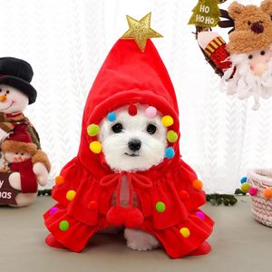 Disfraz de árbol de Navidad para mascotas, capa roja con capucha y sombrero de estrella, ajustable para perros y gatos, traje navideño de algodón - Product Image 1