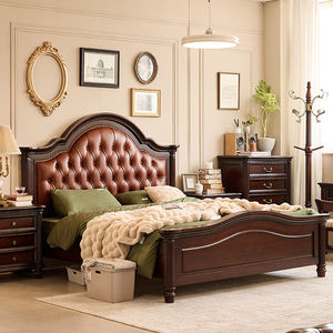 Lit double américain en bois de cerisier massif avec tête de lit moelleuse et revêtement en cuir de vachette - Tailles 1,8 m/2 m - Product Image 2