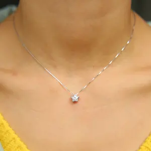Italy <strong>Silver</strong> <strong>Chain</strong> <strong>Box</strong> Delicate <strong>Chain</strong> with Star Cubic Zirconia Cz Single Stone Star Pendant Necklace - Product Image 1