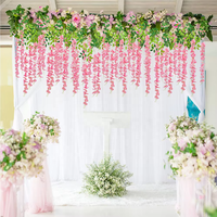 Vente chaude, pas cher, 12 pièces, fleurs artificielles en plastique, glycine suspendue, fleurs de glycine en soie suspendues pour mariage