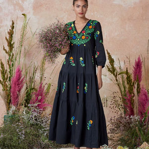 New 100% Cotton Woven Natural Waistline Short Sleeves Maxi <b>Boho</b> Dress with <b>Belt</b> - Product Image 1