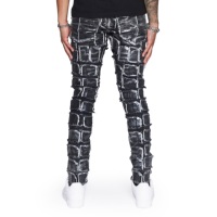 Jean en denim déchiré pour homme, noir, patchwork, délavé à l'acide, coupe slim fuselée, style grunge streetwear, vente en gros personnalisée