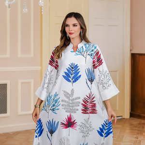 Robe Abaya d'été pour femme musulmane, en polyester, imprimée de strass, à manches longues, motif floral, style Moyen-Orient, vêtement islamique, longueur au sol - Product Image 4