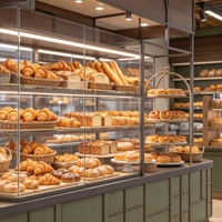 Comptoir de vente au détail en bois texturé pour boulangerie-pâtisserie, design de magasin de gâteaux commercial avec vitrine et mobilier sur mesure
