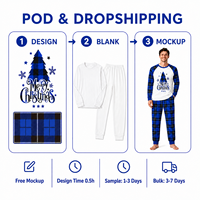 Ensemble de pyjamas de Noël personnalisés en tissu écossais bleu buffle pour toute la famille, vêtements de nuit en polyester pour hommes, femmes et enfants, livraison directe, POD, MOQ 1 pièce