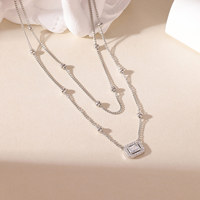 Kalung Liontin Rantai Bambu Minimalis Lapis Ganda Persegi Berhiaskan Zirkon Buatan Laboratorium Geometris Wanita, Bahan Titanium Steel, Cocok untuk Hadiah
