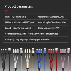 Precio al por mayor Nylon trenzado 2.4a Cable rápido Micro tipo C Línea de datos de carga 3 en 1 Cable Usb para cargador de teléfono