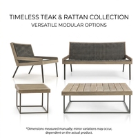 Ensemble de meubles d'extérieur nordiques contemporains en teck massif avec pieds en aluminium aspect naturel et rotin tressé, options modulaires