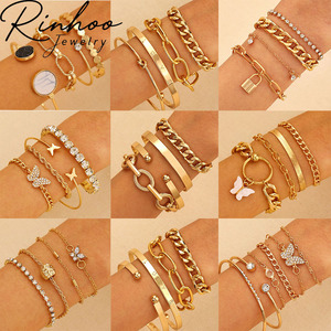 Nouvel ensemble de bracelets joncs multi-couches rétro minimalistes, couleur or et <span class=keywords><strong>argent</strong></span>, motifs cœur, papillon et cercle, bracelets ouverts tendance pour femmes - Product Image 2