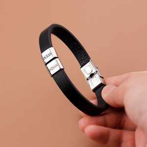<b>Engravable</b> Men's Square Bead Leather Bracelet | Stainless Steel Simple Fashion Wristband | Father's Day Gift - Product Image 3