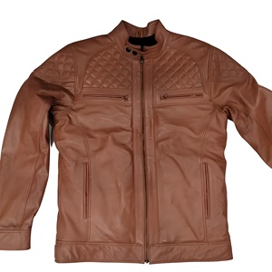 <b>Men's</b> <b>Brown</b> <b>Leather</b> <b>Jacket</b> Stand Collar Zipper Regular Fit Solid Color Autumn Wear - Product Image 1