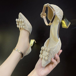 Nuovo stile strass fibbia quadrata tacco spesso taglio superficiale tacchi alti da donna sandali a punta 2299 - Product Image 5