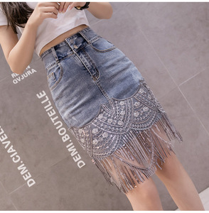 Falda Vaquera Sexy Coreana de Verano 2026 para Mujer, Minifalda Elástica de Cintura Alta con Lentejuelas y Borlas Azules, Falda Vaquera Ajustada - Product Image 6