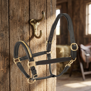 Customized Fancy Brass Clincher Chain Decorative Black or Havana Brown English Saddle Leather Horse <b>Halter</b> in Full Cob Sizes - Product Image 1