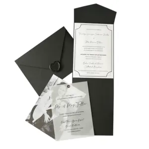 2024 Elegant Vellum Overlay Photo Wedding Invitation Custom Stamped in Black Tri-fold Pocket Heart Shape Wax Seal
