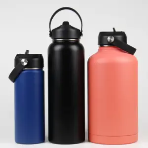 Botol minum mulut lebar, botol minum olahraga 32 OZ 1 L Vacuum Flask Stainless Steel dengan tutup sedotan baru