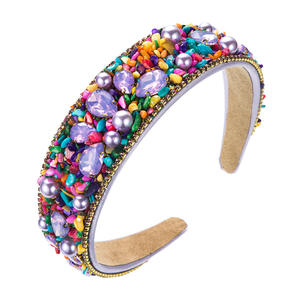 Diadema de tela ancha <span class=keywords><strong>con</strong></span> incrustaciones de diamantes de turquesa triturada de colores, estilo europeo-americano para mujer - Product Image 5