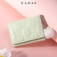 Dompet Lipat Tiga Mini Kelinci Kawaii dengan Gantungan Pom Pom Bulu, Tempat Kartu Kulit PU, Dompet Koin Saku Kecil Lucu untuk Remaja Putri