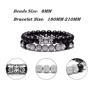 Men's Black Beaded <b>Bracelets</b> <b>Set</b> With Rhinestone Ball Charms Hiphop Style Alloy Jewelry Gift - Product Image 4