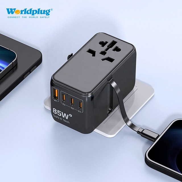 Worldplug PD 85W Fast Charge USB Type-C Travel Adaptor Universal Traveling Chargers Plug Adapter with Cable