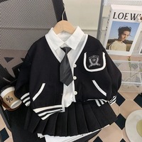 Vente Directe Usine : Ensemble Vêtements Enfant Automne 2025 – Style Preppy : Veste, Chemise Blanche et Jupe (3 Pièces)