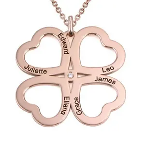 Yiwu Aceon Stainless Steel Center Birthstone 4 Hearts Come To Lucky Shape Laser Engrave Four Leaf Clover Heart Pendant