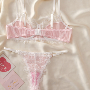 Ensemble de <span class=keywords><strong>soutien</strong></span>-<span class=keywords><strong>gorge</strong></span> en dentelle florale rose et blanche, maille transparente, bretelles réglables, nœud décoratif, lingerie sexy pour femmes, douce et respirante - Product Image 3