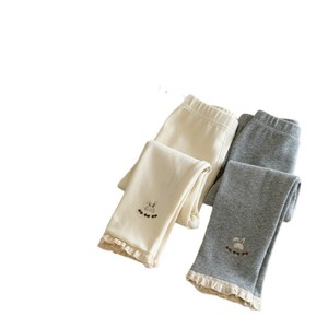 Girls Knitted Leggings Off White Grey Cotton Cartoon Rabbit Embroidery Spring Autumn Wear - Product Image 4