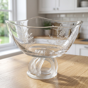 Bol en verre transparent sur pied avec motif de feuilles gravé et base torsadée - Product Image 2