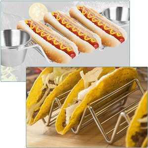 Venta al por mayor Mexican Upgrade Pancake Shell Acero inoxidable Taco Stand Up Holders con juego de tazas de Salsa - Product Image 3